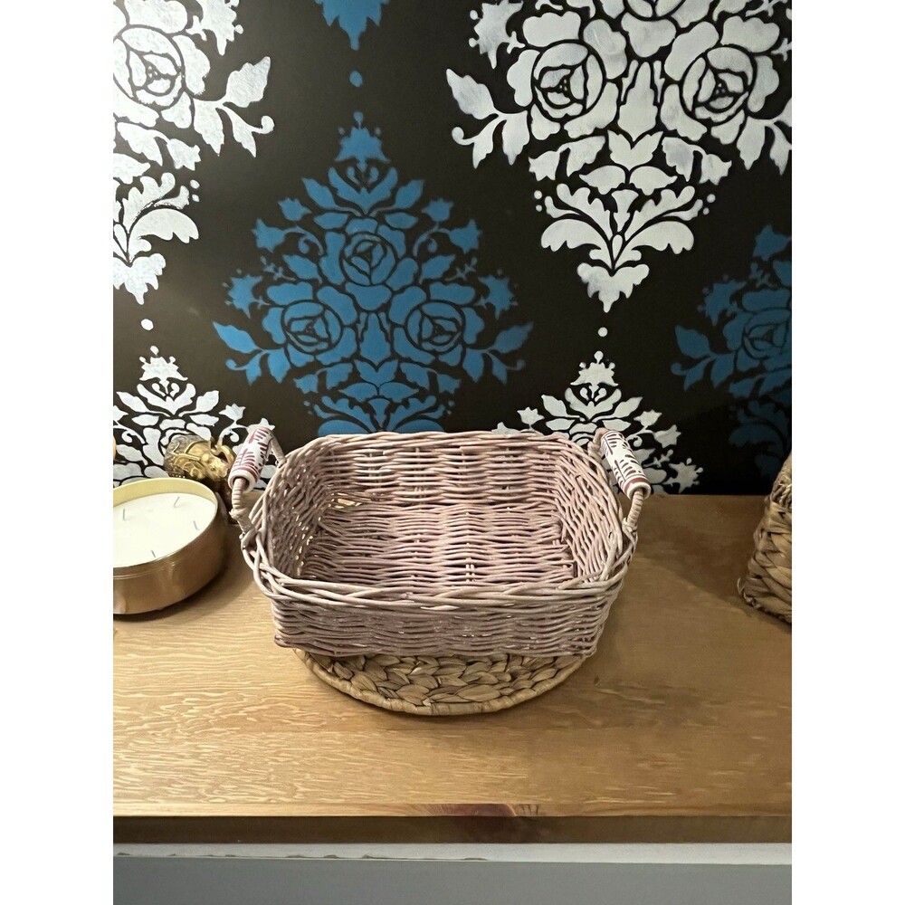Pink Wicker Basket Ceramic Floral Handles 13” Cottage Boho Storage Decor